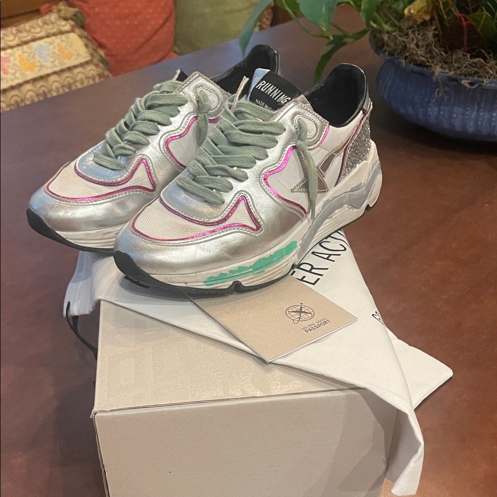 Golden Goose Running Shoes Silver and Pink